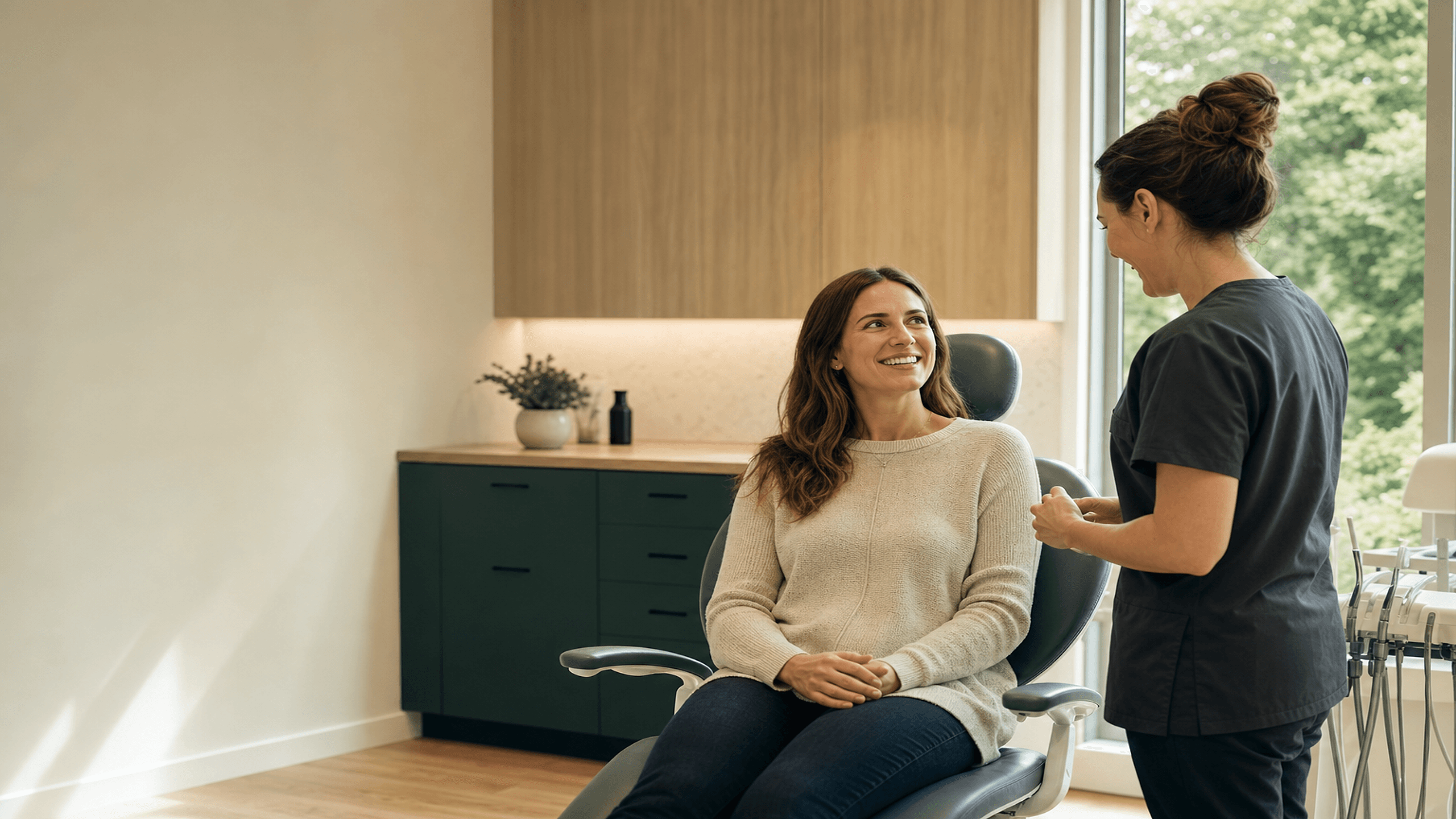 A relaxed patient and a clinician mid conversation in the warm, daylit Northgate Dental practice