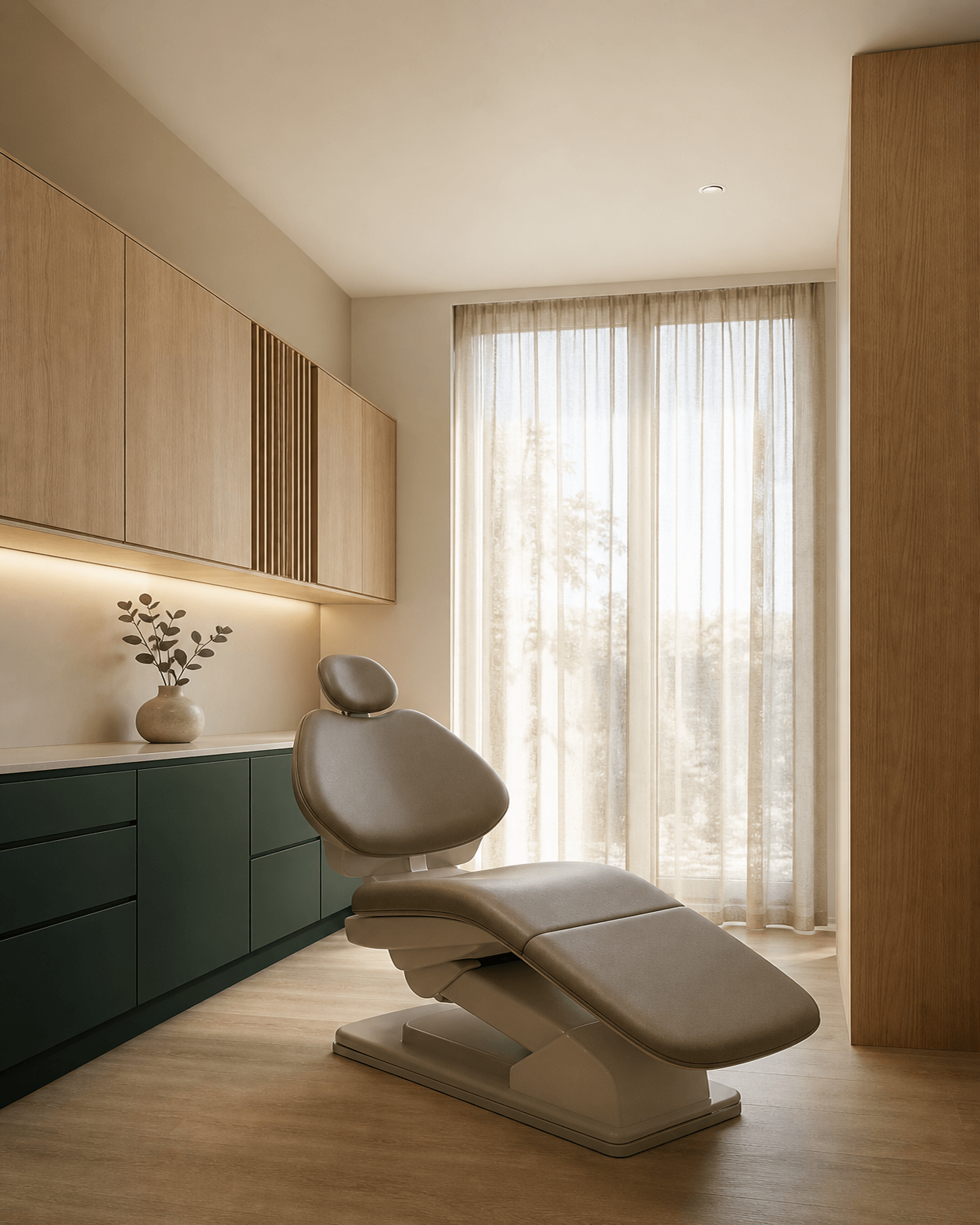 An empty, softly lit treatment room at Northgate Dental with wood tones and daylight