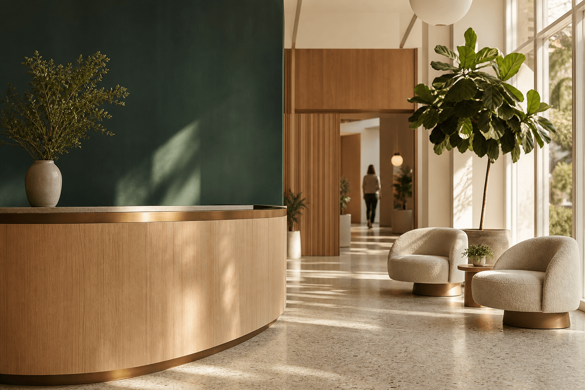 The warm, gallery like reception at Northgate Dental, with timber, soft seating and daylight